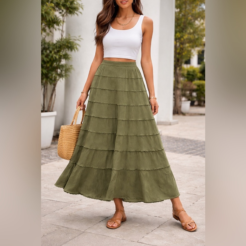 Olive Linen Blend Tiered Midi Skirt | Coastal Resort · Quiet Luxury - Picture 1 of 9